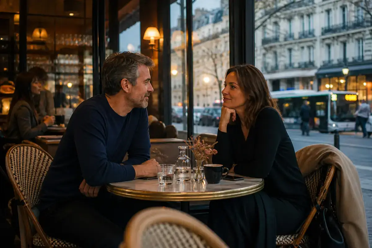 Adult couple enjoying a discreet dinner on a Paris terrace