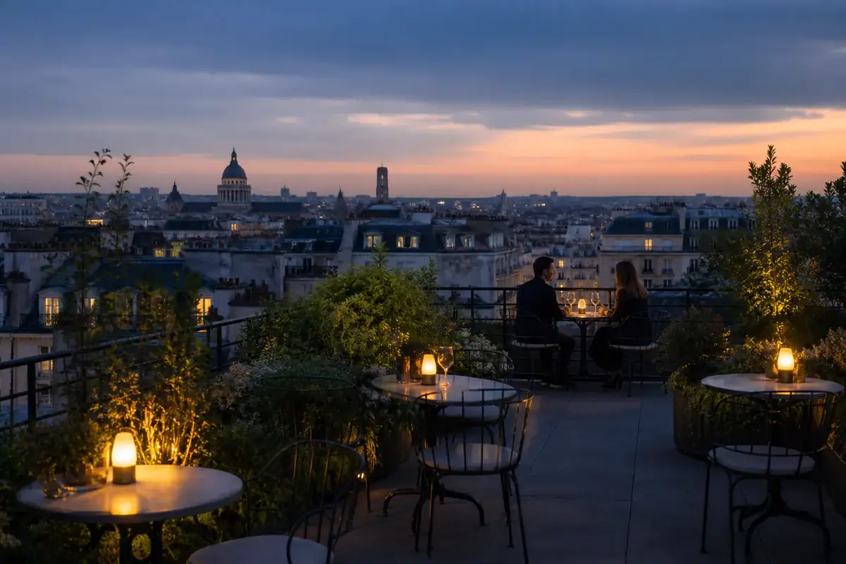 Elegant Paris rooftop terrace illuminated at night