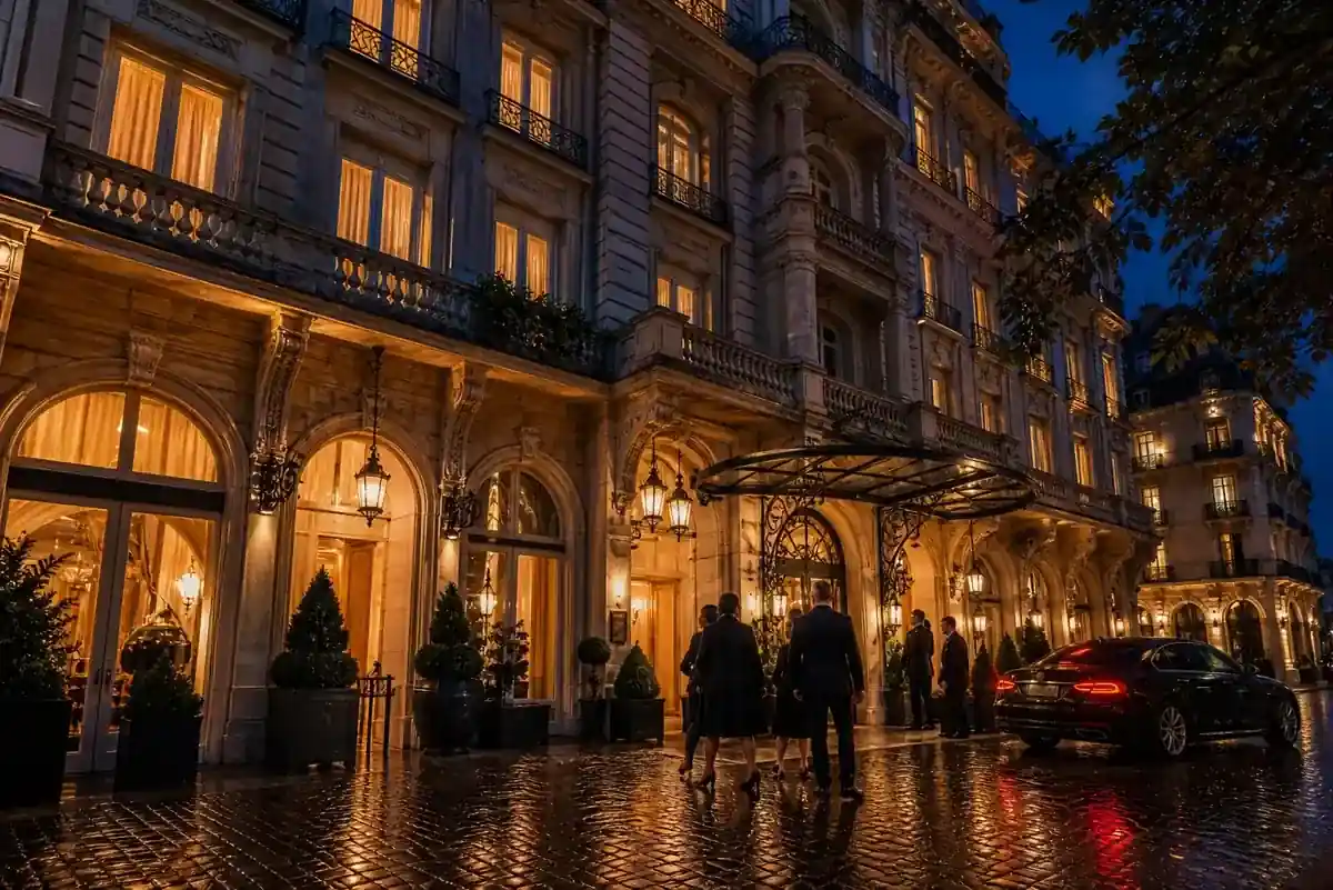 Grand Paris hotel illuminated at night